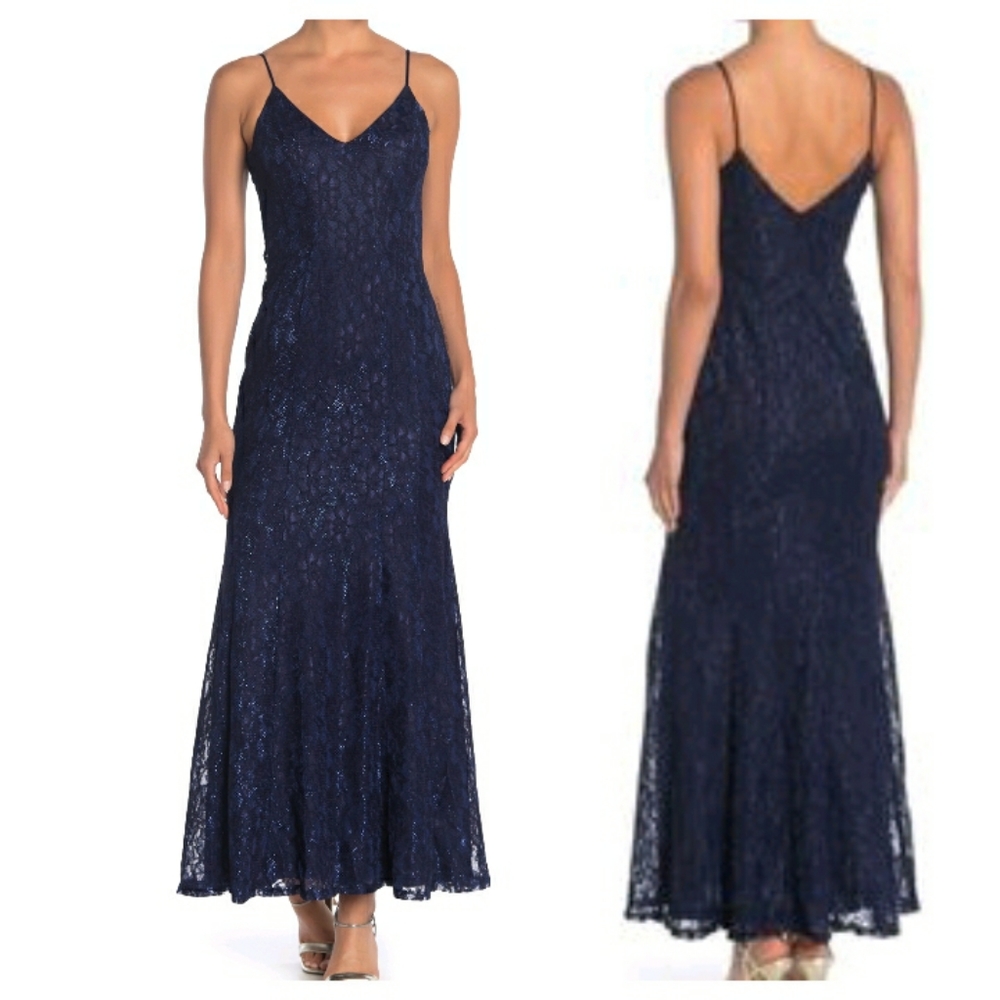JUMP Metallic Lace Spaghetti Strap Gown Dress - Picture 1 of 11